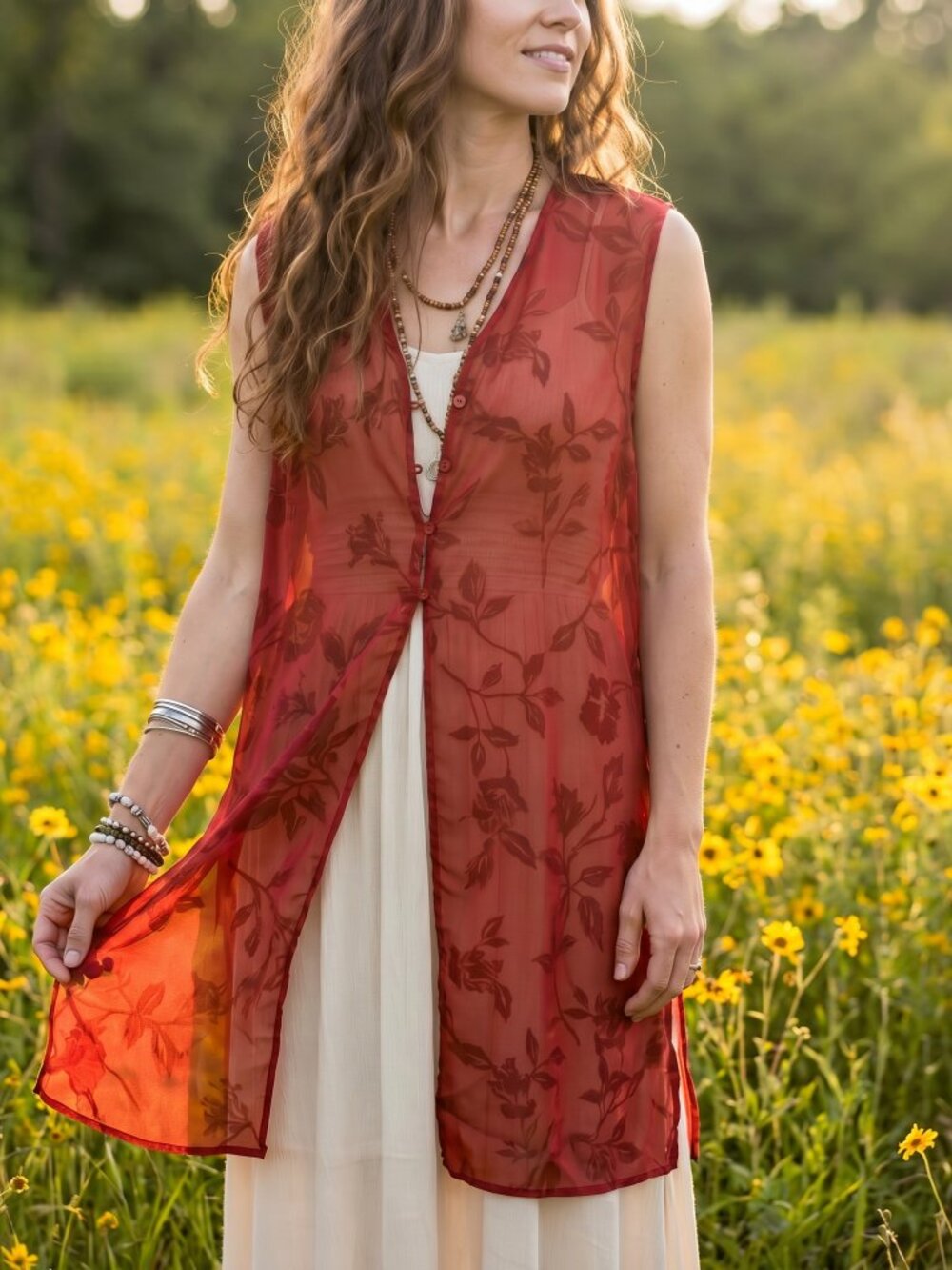VTG 90s‎ Y2K Red Floral Duster Vest 1X Maggie McNaughton Whimsigoth Fairy Grunge